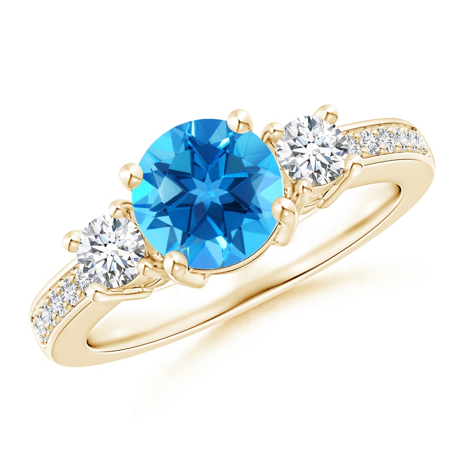 7mm AAAA Classic Three Stone Round Swiss Blue Topaz and Diamond Engagement Ring in 18K Yellow Gold 