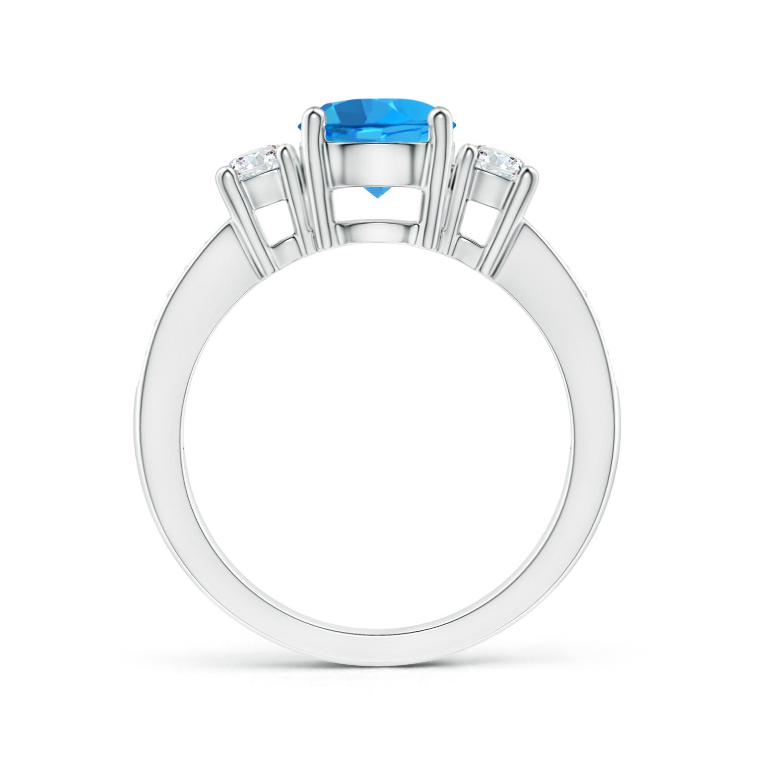 7mm AAAA Classic Three Stone Round Swiss Blue Topaz and Diamond Engagement Ring in P950 Platinum