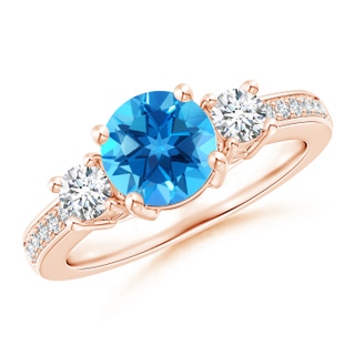7mm AAAA Classic Three Stone Swiss Blue Topaz and Diamond Ring in Rose Gold