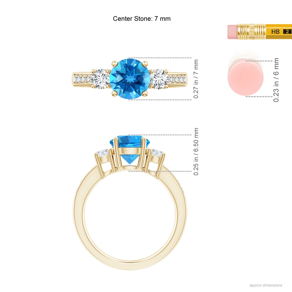 7mm AAAA Classic Three Stone Round Swiss Blue Topaz and Diamond Engagement Ring in Yellow Gold ruler