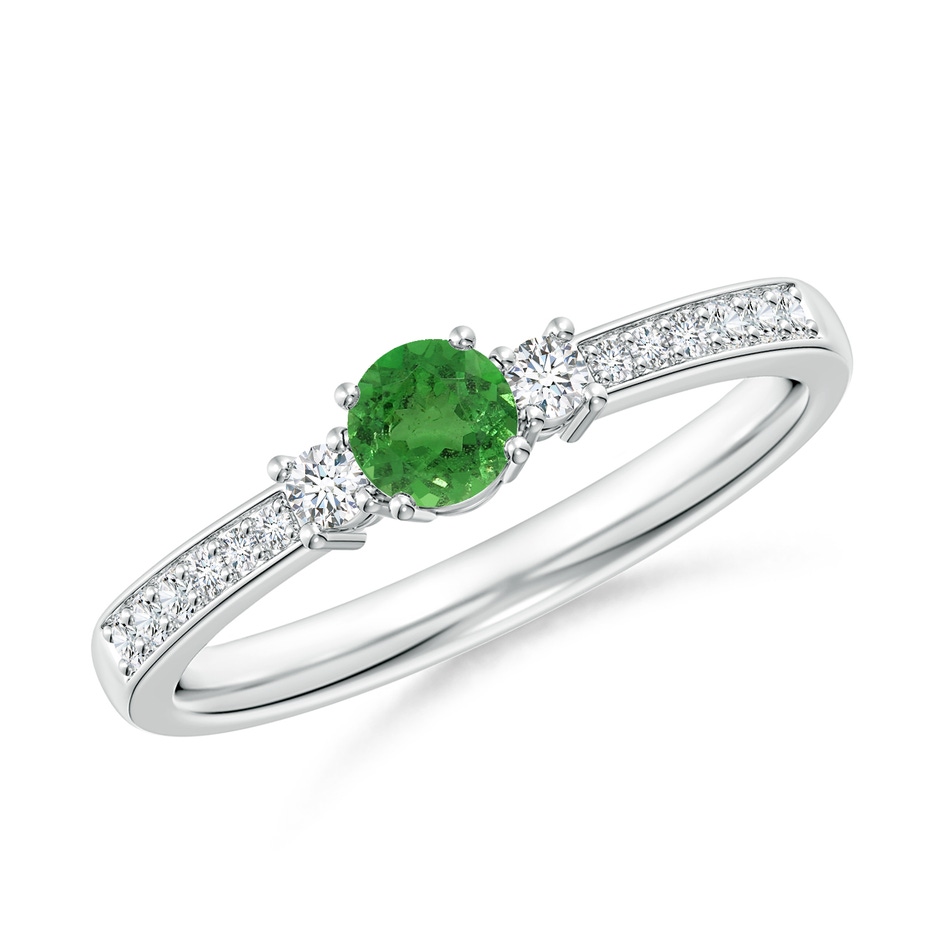 4mm AA Classic Three Stone Tsavorite and Diamond Ring in White Gold 