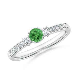 4mm AAA Classic Three Stone Tsavorite and Diamond Ring in White Gold