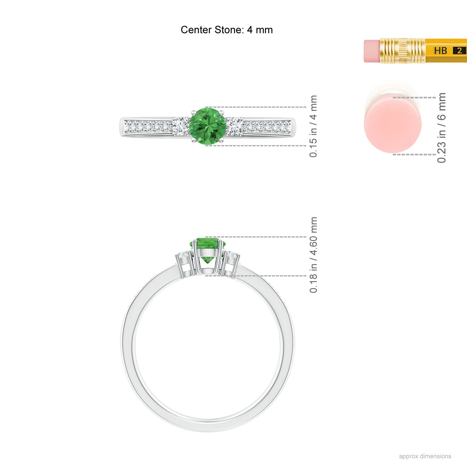 4mm AAA Classic Three Stone Tsavorite and Diamond Ring in White Gold - ruler