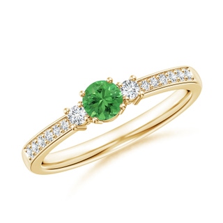 4mm AAA Classic Three Stone Tsavorite and Diamond Ring in Yellow Gold