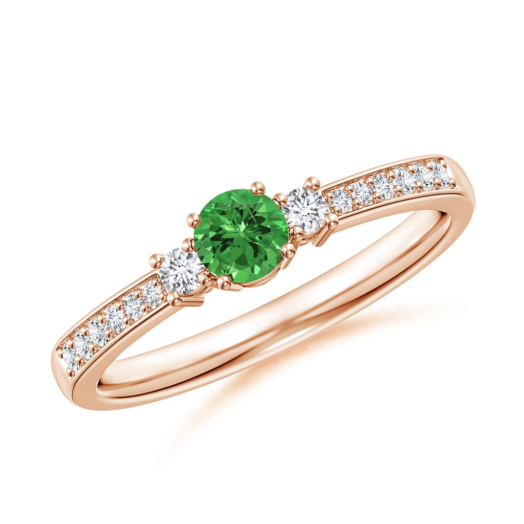 4mm AAAA Classic Three Stone Tsavorite and Diamond Ring in Rose Gold