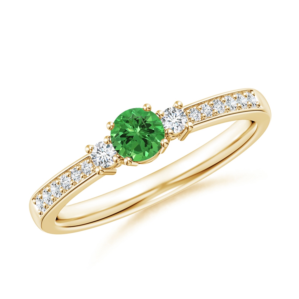 4mm AAAA Classic Three Stone Tsavorite and Diamond Ring in Yellow Gold