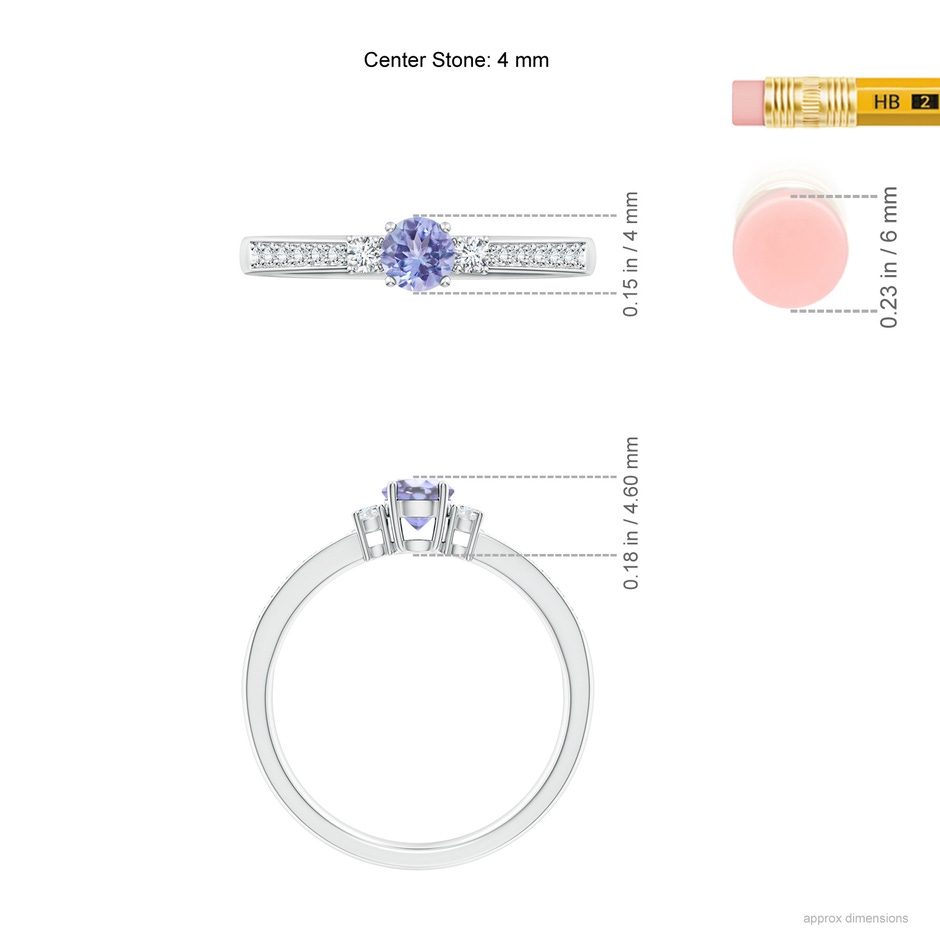 4mm A Classic Three Stone Tanzanite and Diamond Ring in White Gold ruler
