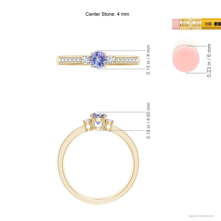 4mm A Classic Three Stone Tanzanite and Diamond Ring in Yellow Gold ruler