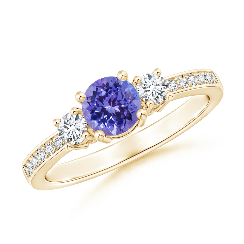 5mm AA Classic Three Stone Tanzanite and Diamond Ring in Yellow Gold 