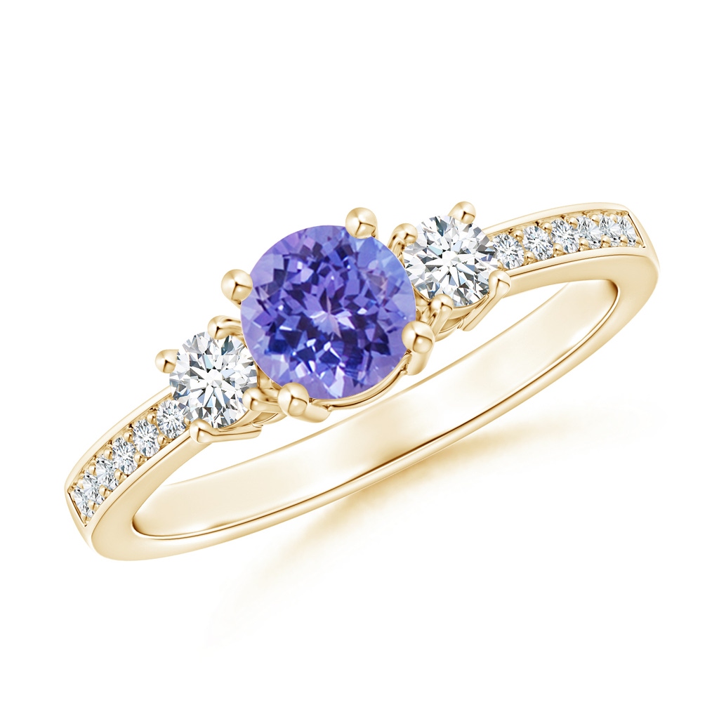 5mm AAA Classic Three Stone Tanzanite and Diamond Ring in 9K Yellow Gold