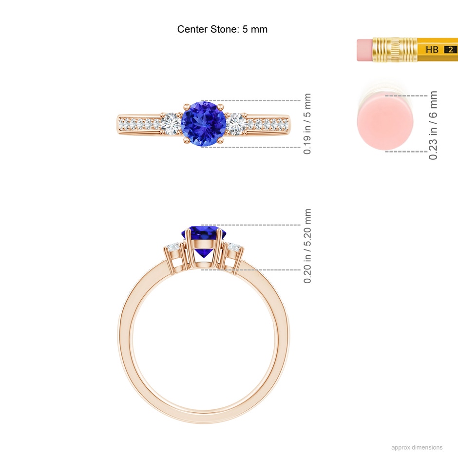 5mm AAA Classic Three Stone Tanzanite and Diamond Ring in Rose Gold ruler