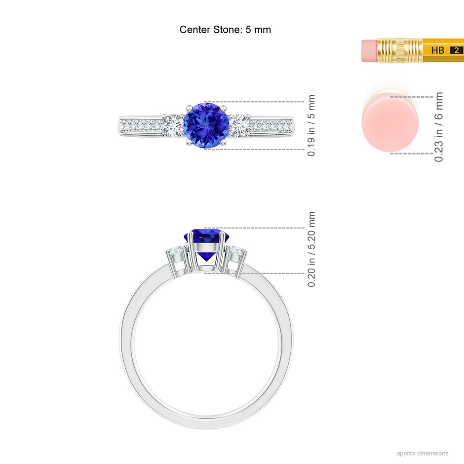 5mm AAA Classic Three Stone Tanzanite and Diamond Ring in White Gold ruler