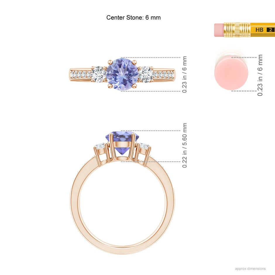 6mm A Classic Three Stone Tanzanite and Diamond Ring in Rose Gold ruler