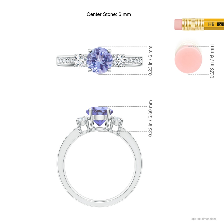 6mm A Classic Three Stone Tanzanite and Diamond Ring in White Gold ruler