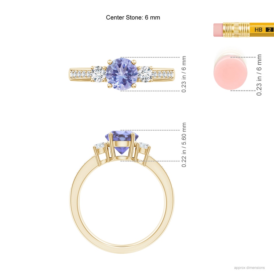6mm A Classic Three Stone Tanzanite and Diamond Ring in Yellow Gold ruler