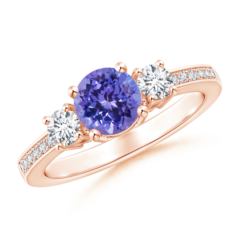 6mm AA Classic Three Stone Tanzanite and Diamond Ring in Rose Gold 