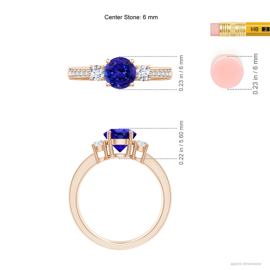 6mm AAAA Classic Three Stone Tanzanite and Diamond Ring in Rose Gold ruler