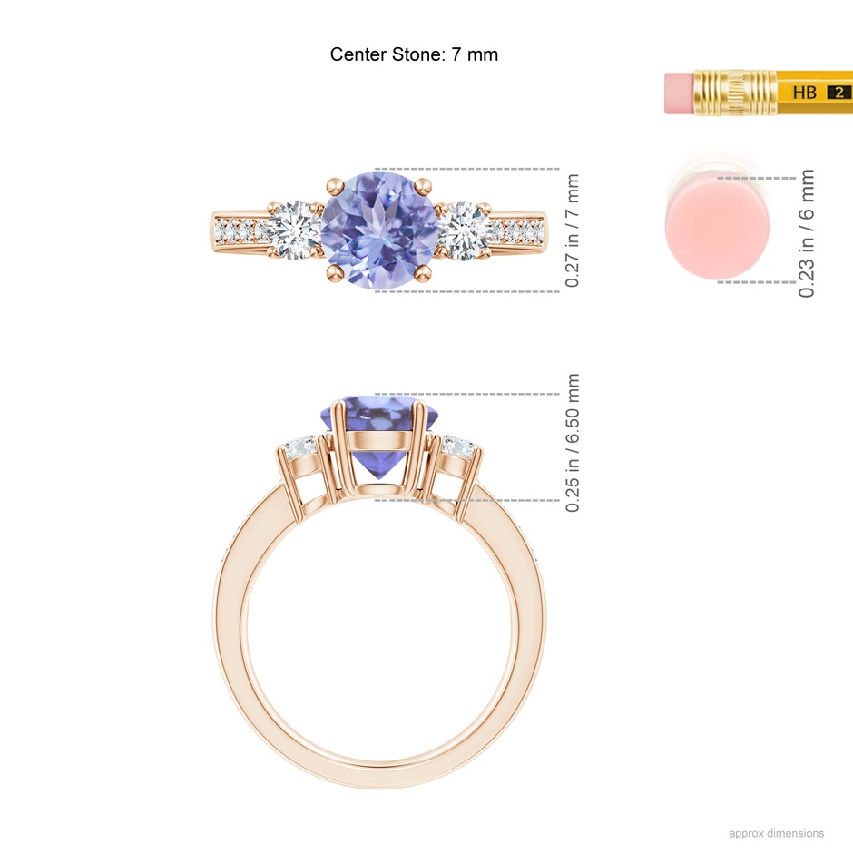 7mm A Classic Three Stone Tanzanite and Diamond Ring in Rose Gold ruler