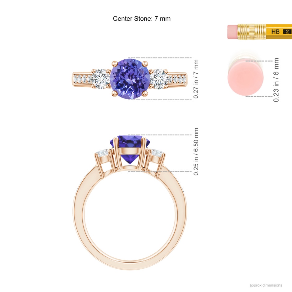 7mm AA Classic Three Stone Tanzanite and Diamond Ring in Rose Gold ruler
