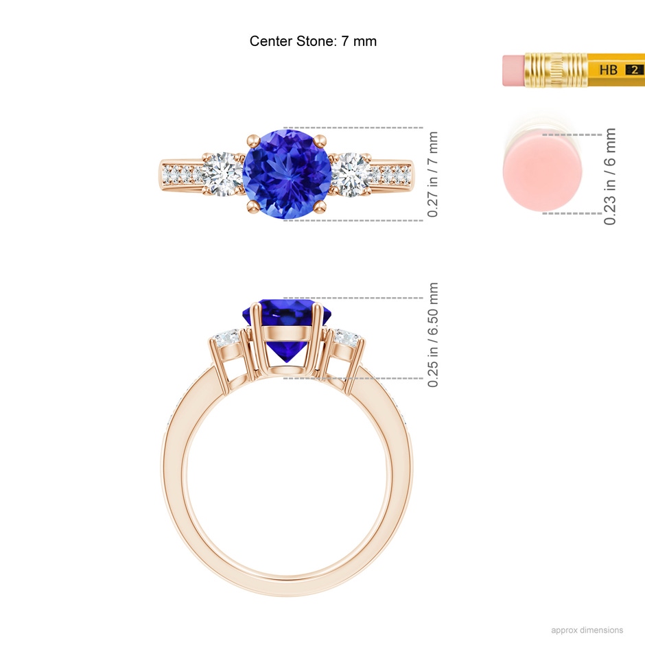7mm AAA Classic Three Stone Tanzanite and Diamond Ring in Rose Gold ruler