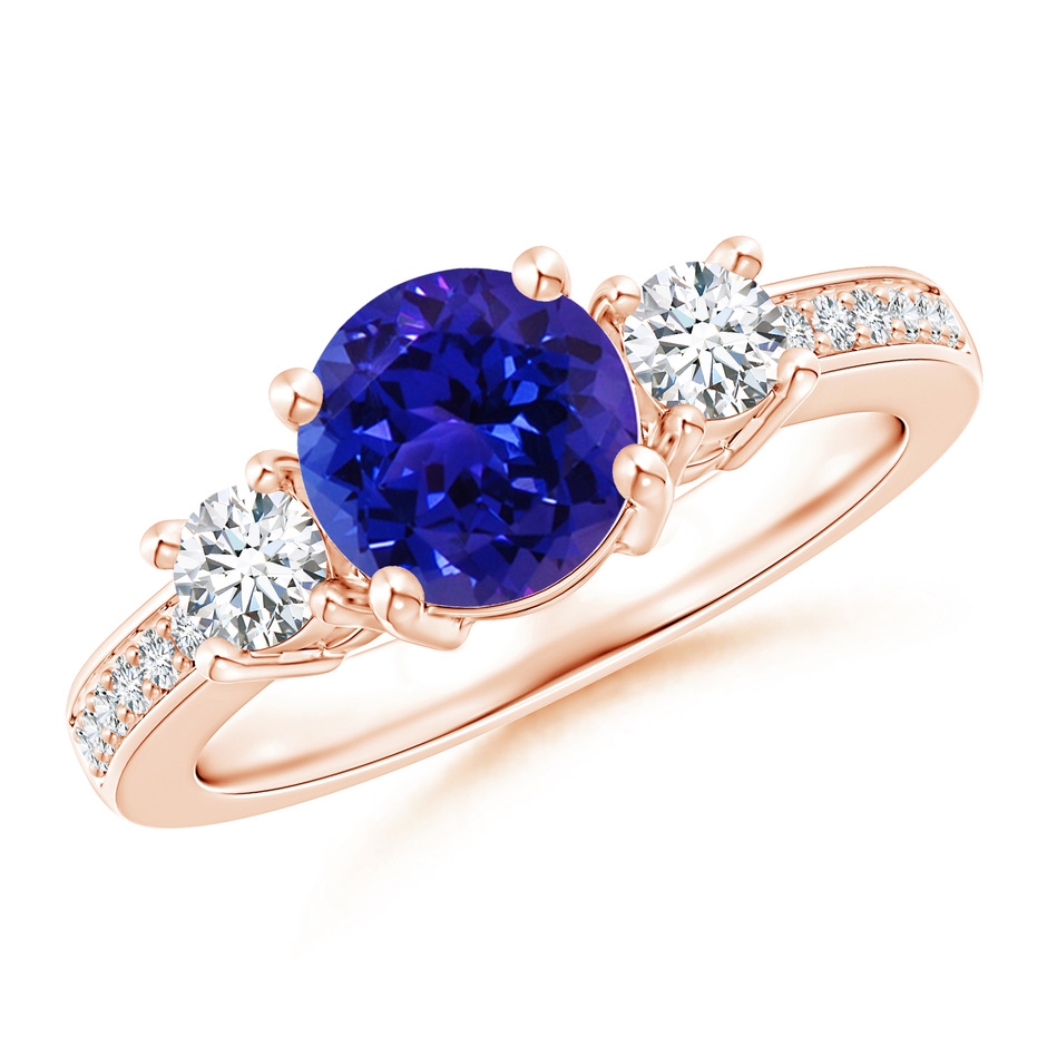 7mm AAAA Classic Three Stone Tanzanite and Diamond Ring in Rose Gold 