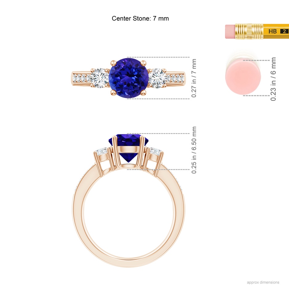 7mm AAAA Classic Three Stone Tanzanite and Diamond Ring in Rose Gold ruler