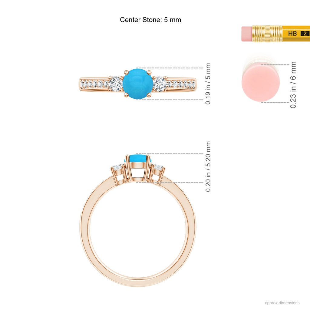 5mm AAAA Classic Three Stone Turquoise and Diamond Ring in Rose Gold Ruler