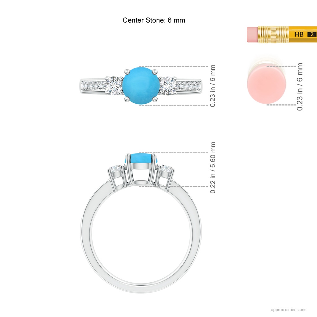 6mm AAA Classic Three Stone Turquoise and Diamond Ring in White Gold Ruler