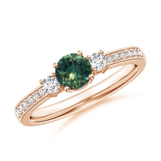 5mm AA Classic Three Stone Teal Montana Sapphire and Diamond Ring in 10K Rose Gold