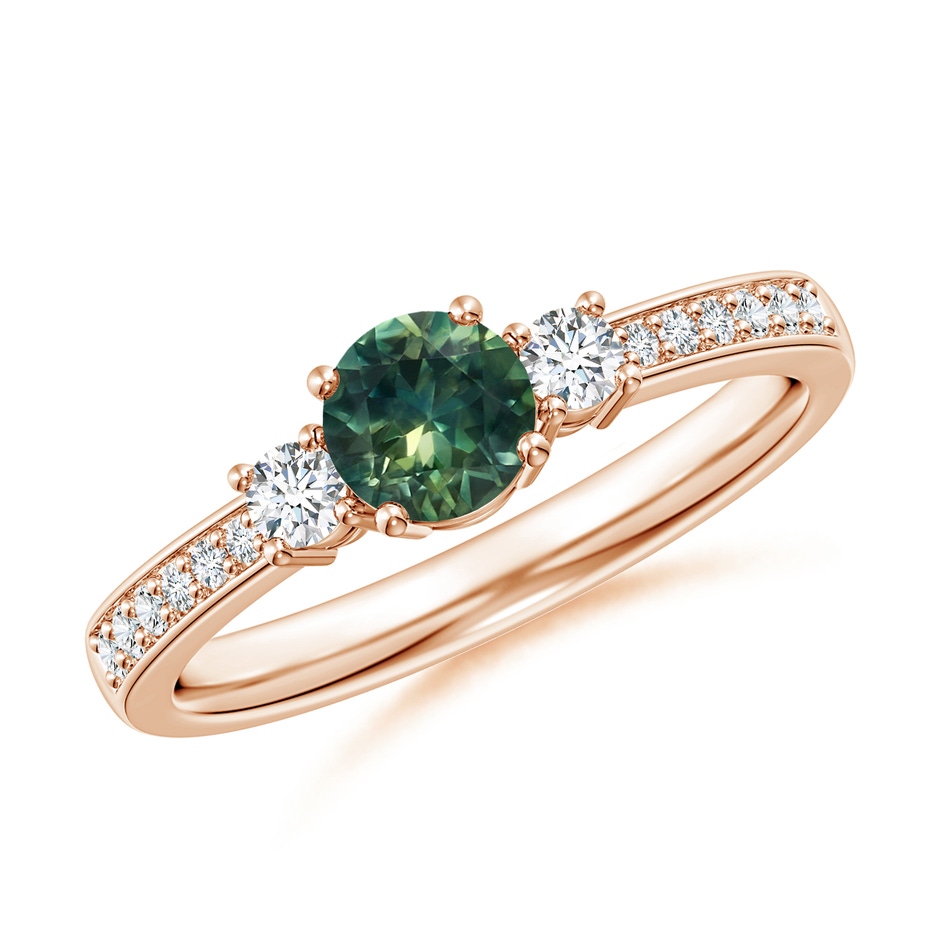 5mm AA Classic Three Stone Teal Montana Sapphire and Diamond Ring in 9K Rose Gold 