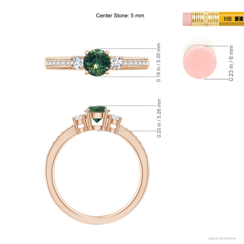 5mm AA Classic Three Stone Teal Montana Sapphire and Diamond Ring in 9K Rose Gold body-hand