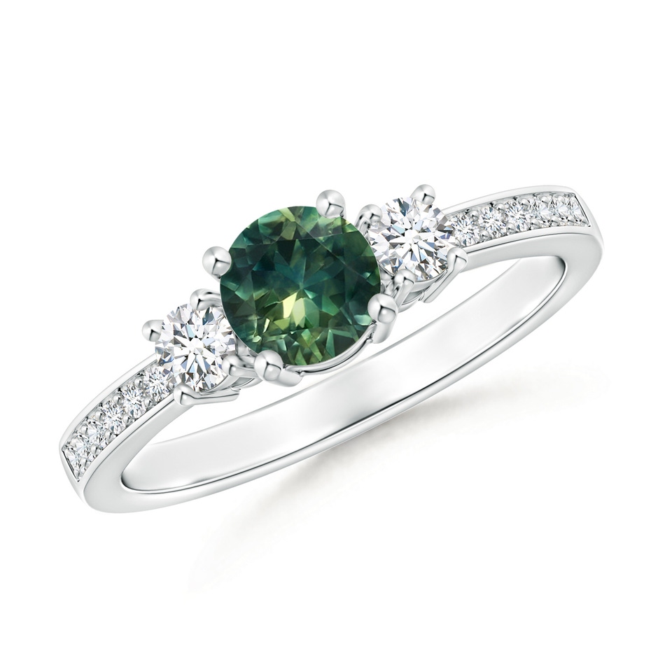 5mm AA Classic Three Stone Teal Montana Sapphire and Diamond Ring in P950 Platinum 
