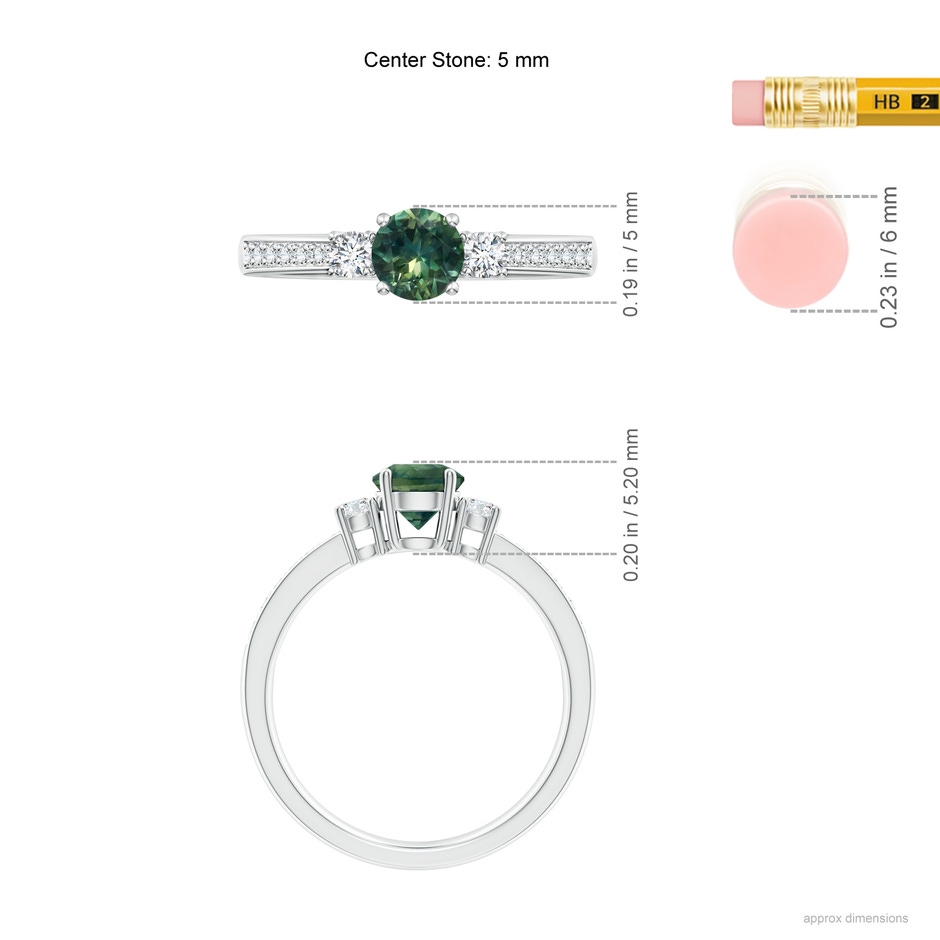 5mm AA Classic Three Stone Teal Montana Sapphire and Diamond Ring in P950 Platinum ruler