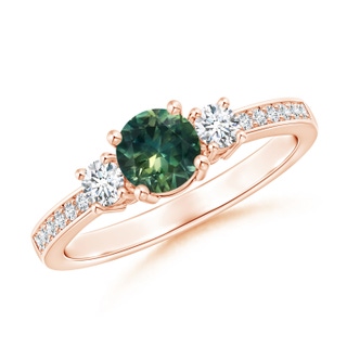 5mm AA Classic Three Stone Teal Montana Sapphire and Diamond Ring in Rose Gold