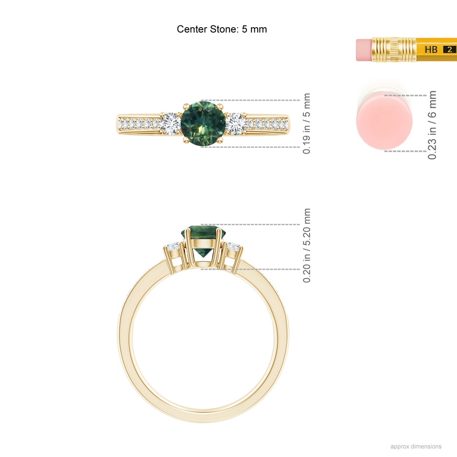 5mm AA Classic Three Stone Teal Montana Sapphire and Diamond Ring in Yellow Gold ruler