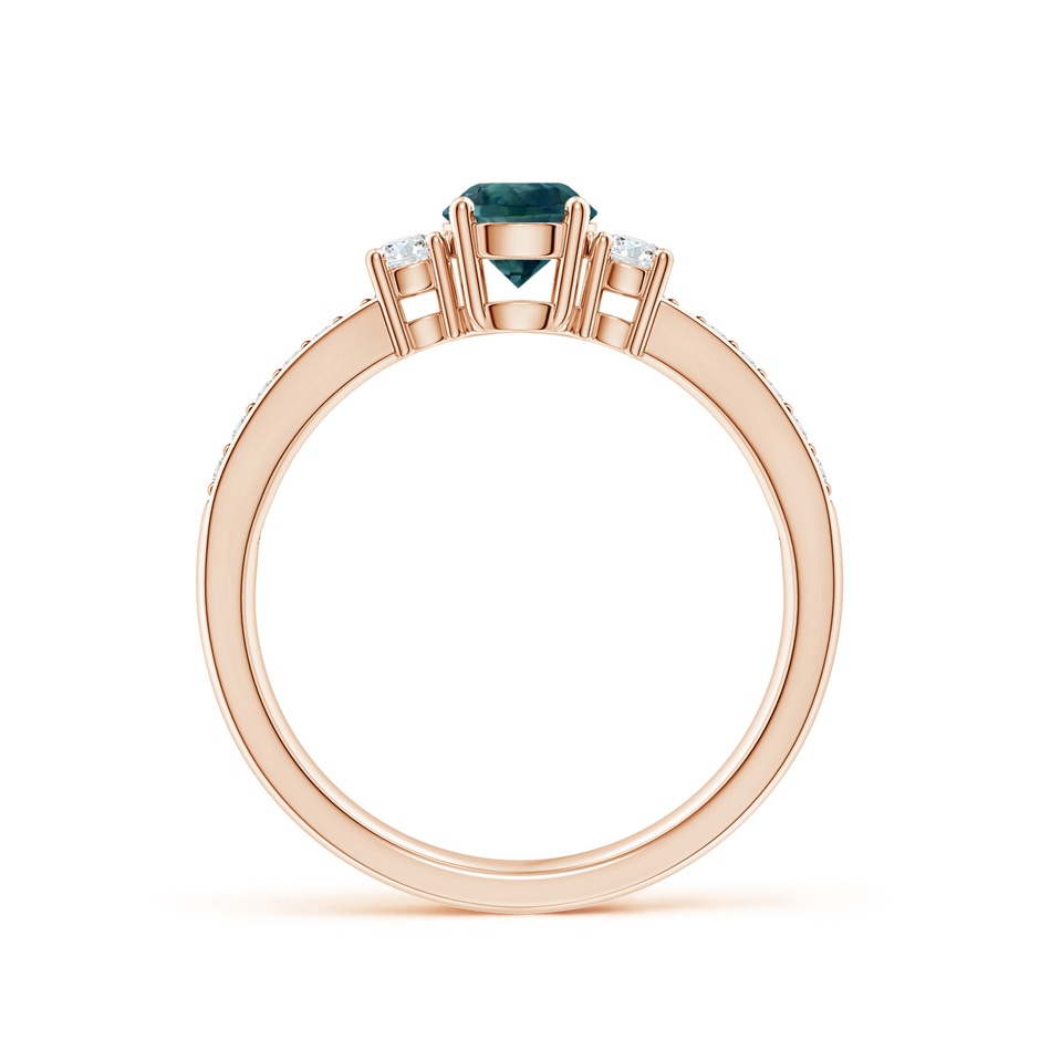 5mm AAA Classic Three Stone Teal Montana Sapphire and Diamond Ring in 9K Rose Gold side 1