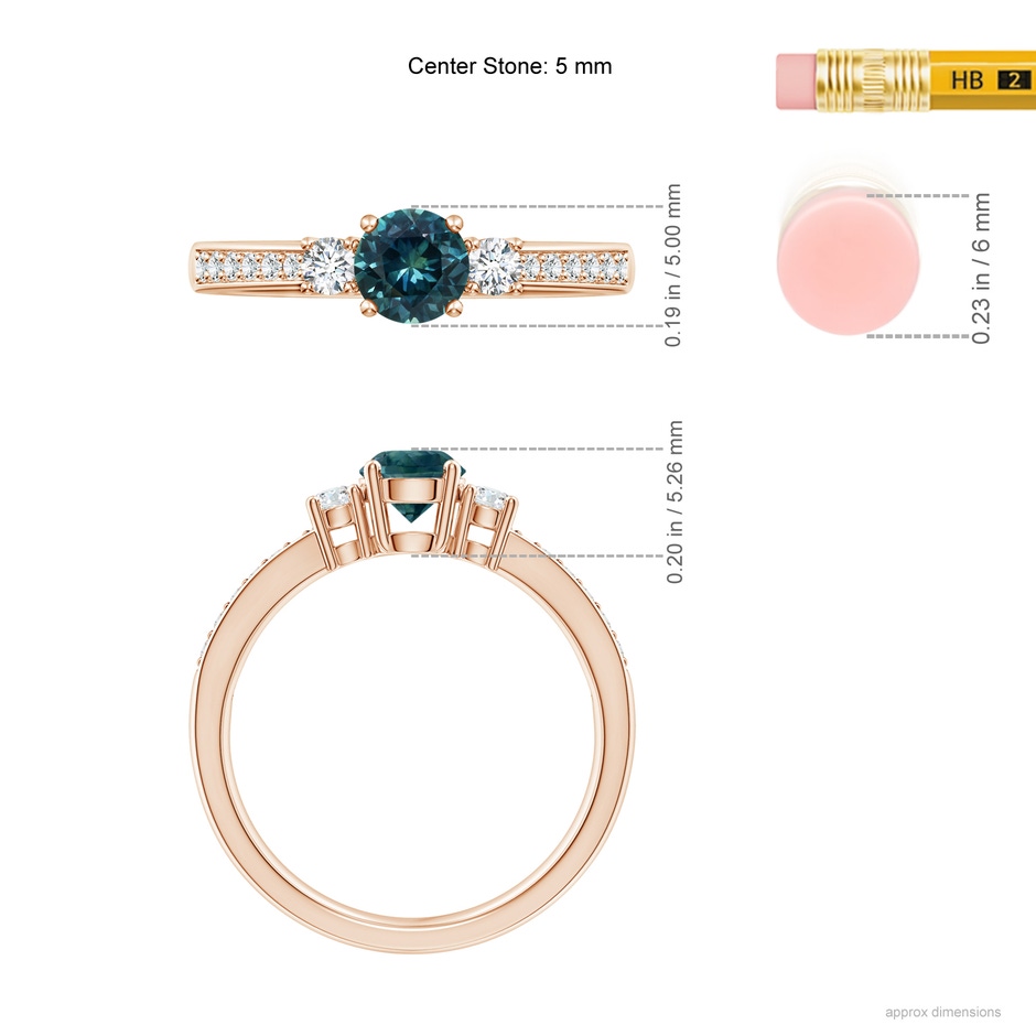 5mm AAA Classic Three Stone Teal Montana Sapphire and Diamond Ring in 9K Rose Gold body-hand