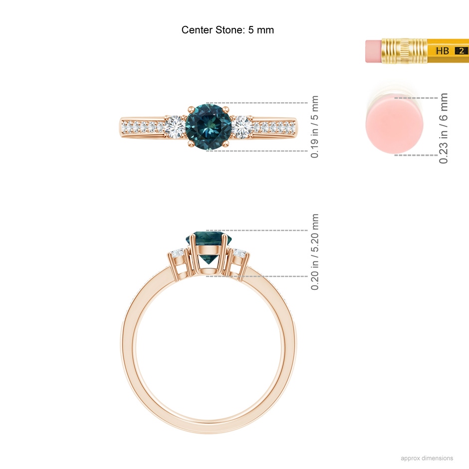 5mm AAA Classic Three Stone Teal Montana Sapphire and Diamond Ring in Rose Gold ruler
