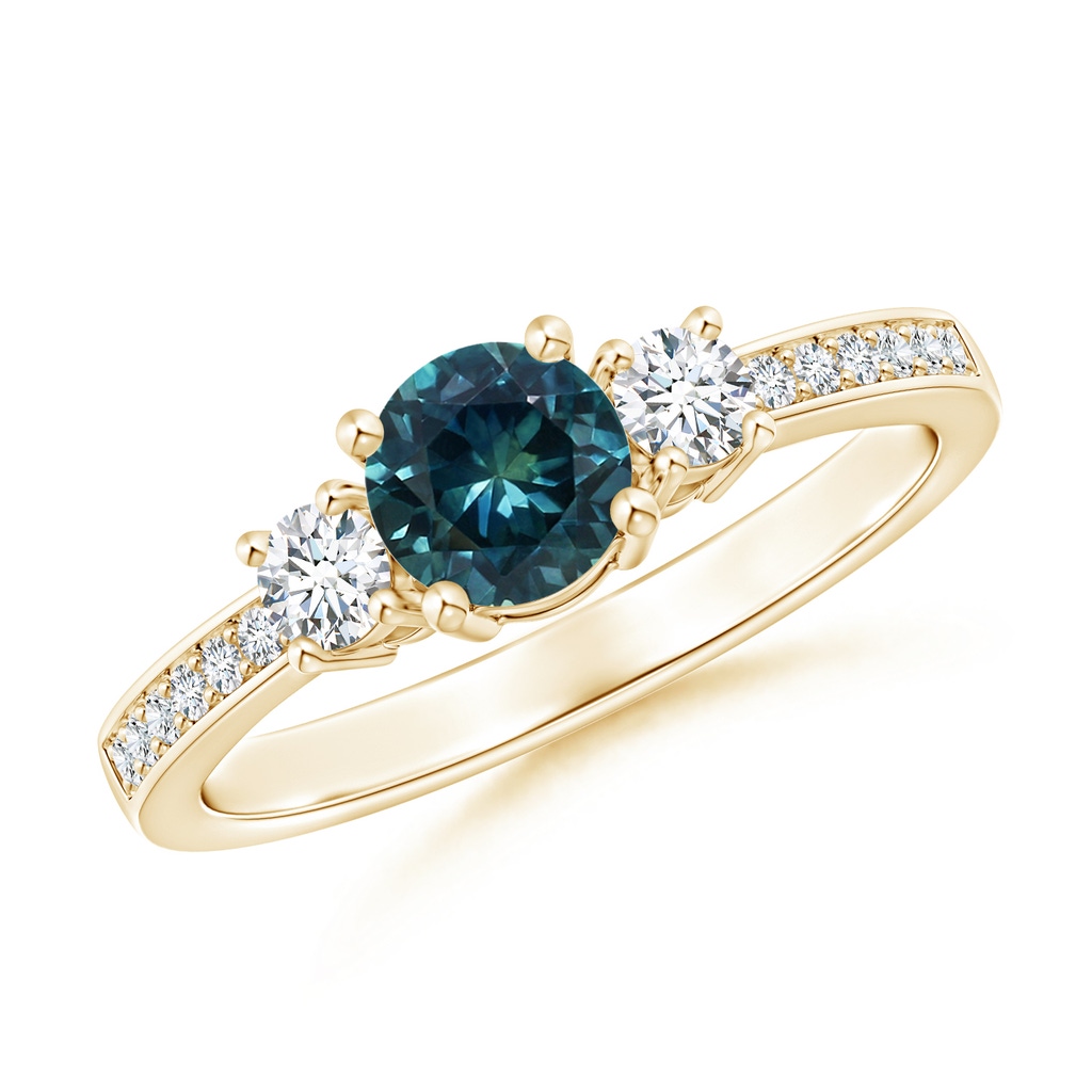 5mm AAA Classic Three Stone Teal Montana Sapphire and Diamond Ring in Yellow Gold 