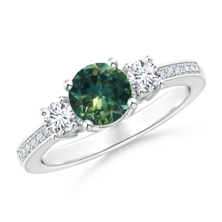6mm AA Classic Three Stone Teal Montana Sapphire and Diamond Ring in P950 Platinum 
