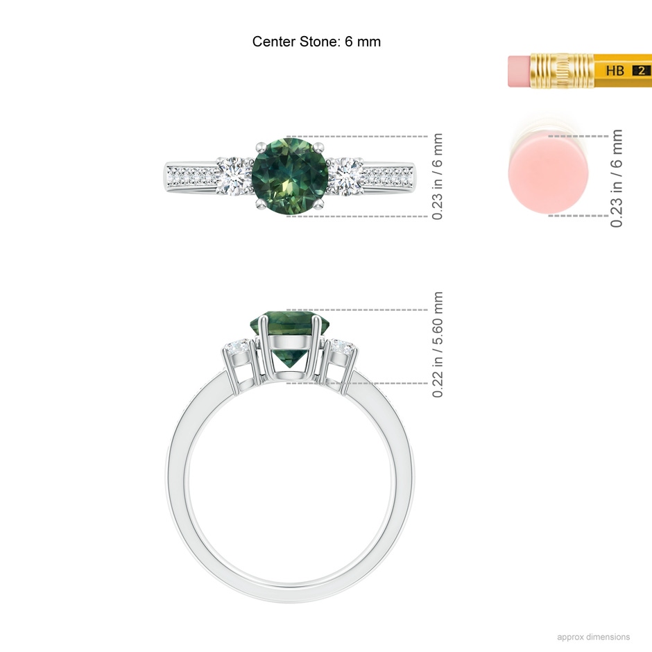 6mm AA Classic Three Stone Teal Montana Sapphire and Diamond Ring in P950 Platinum ruler