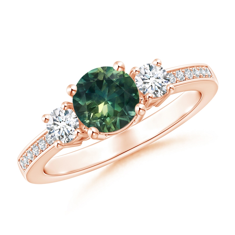 6mm AA Classic Three Stone Teal Montana Sapphire and Diamond Ring in Rose Gold 