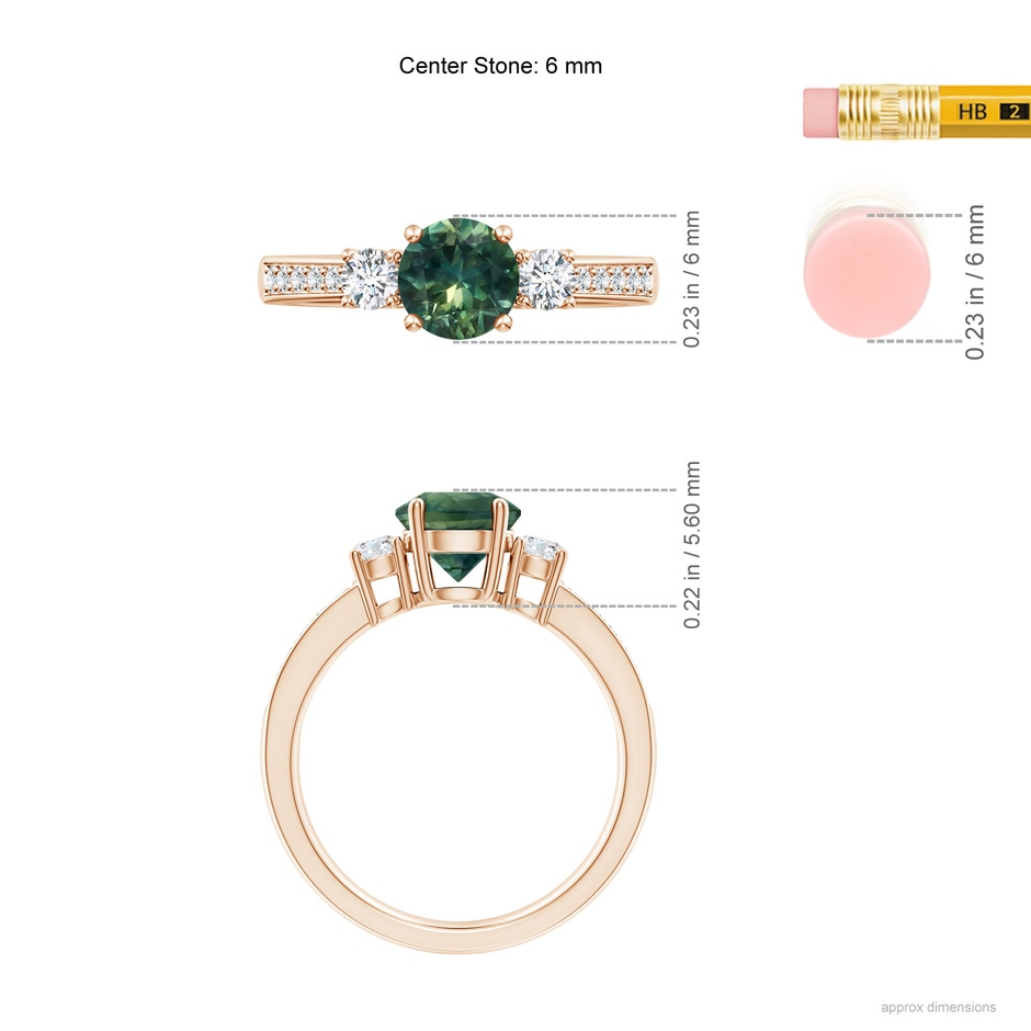 6mm AA Classic Three Stone Teal Montana Sapphire and Diamond Ring in Rose Gold ruler