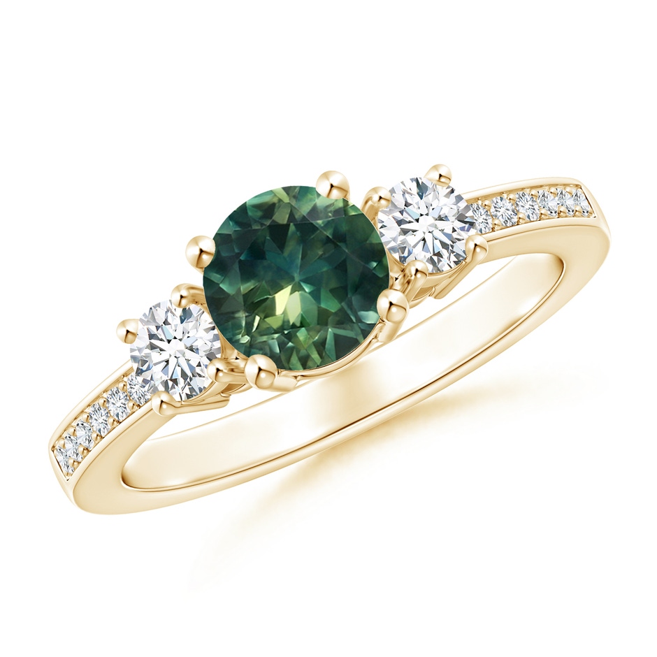 6mm AA Classic Three Stone Teal Montana Sapphire and Diamond Ring in Yellow Gold 