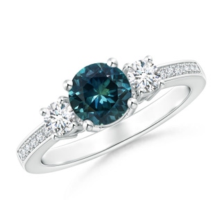 6mm AAA Classic Three Stone Teal Montana Sapphire and Diamond Ring in P950 Platinum