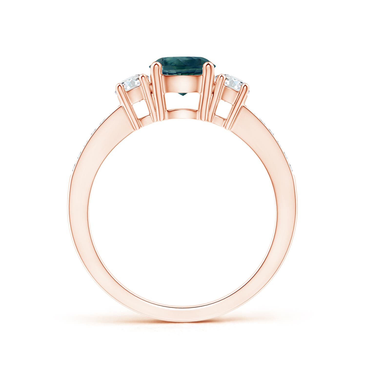 6mm AAA Classic Three Stone Teal Montana Sapphire and Diamond Ring in Rose Gold