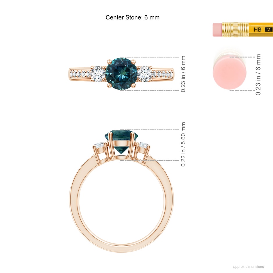 6mm AAA Classic Three Stone Teal Montana Sapphire and Diamond Ring in Rose Gold ruler