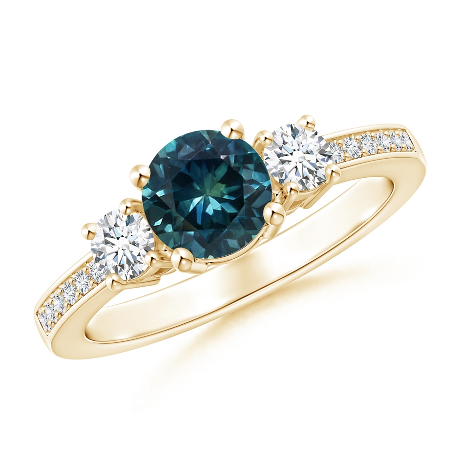 6mm AAA Classic Three Stone Teal Montana Sapphire and Diamond Ring in Yellow Gold 