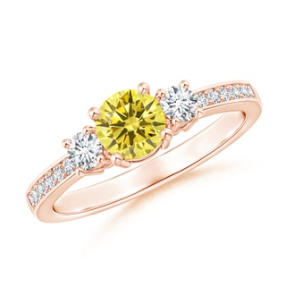 5mm AAAA Classic Three Stone Fancy Intense Yellow and White Diamond Ring in Rose Gold