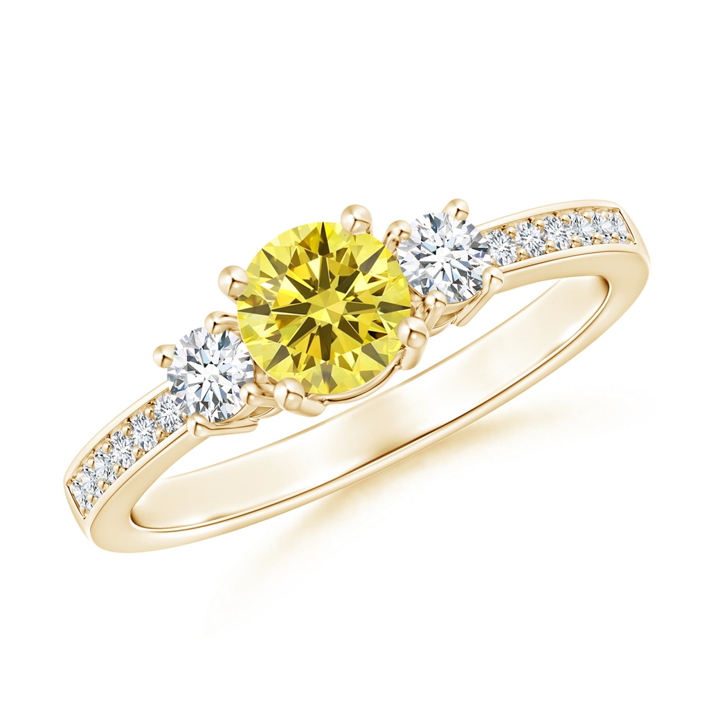 5mm AAAA Classic Three Stone Fancy Intense Yellow and White Diamond Ring in Yellow Gold